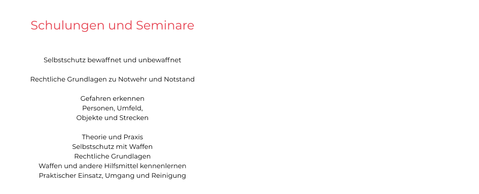 Schulungen und Seminare Selbstschutz bewaffnet und unbewaffnet  Rechtliche Grundlagen zu Notwehr und Notstand  Gefahren erkennen  Personen, Umfeld,   Objekte und Strecken  Theorie und Praxis Selbstschutz mit Waffen Rechtliche Grundlagen Waffen und andere Hilfsmittel kennenlernen Praktischer Einsatz, Umgang und Reinigung